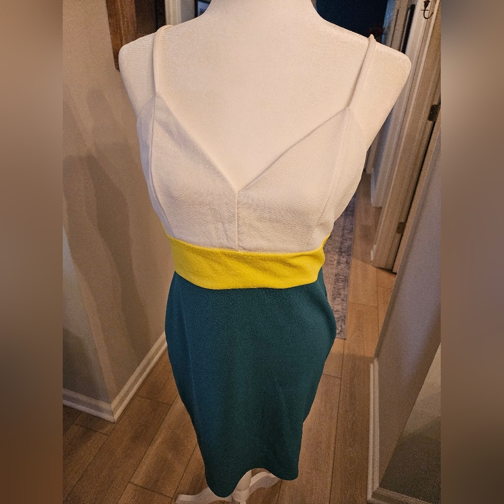 Chic Color Block Pencil Dress - White, Yellow, and Green